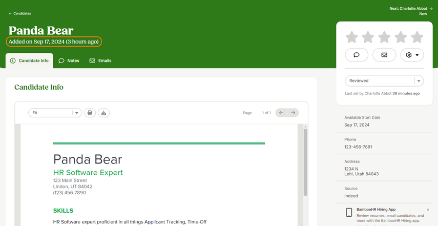 Screenshot of a candidate profile. The top green banner shows the candidate was Added recently. Tabs include Candidate Info, Notes, Emails. The right sidebar displays star ratings, review status, and contact details.