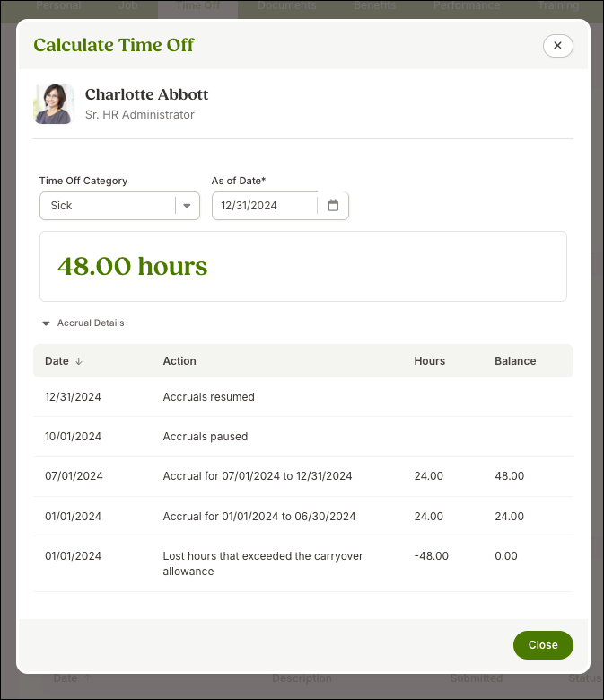 Screenshot of the Calculate Time Off view showing a projected balance as of a chosen date, with an accrual activity list displayed below. The preview reflects how BambooHR calculates available hours around carryover dates, with details showing when carryover was applied or lost and when new accruals were added.