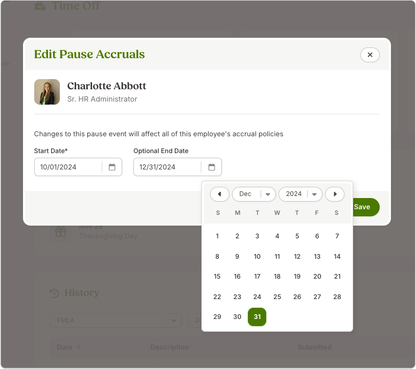 Popup titled Edit Pause Accruals. Date fields editable with an on-screen calendar widget displayed. Save and Cancel buttons at bottom.