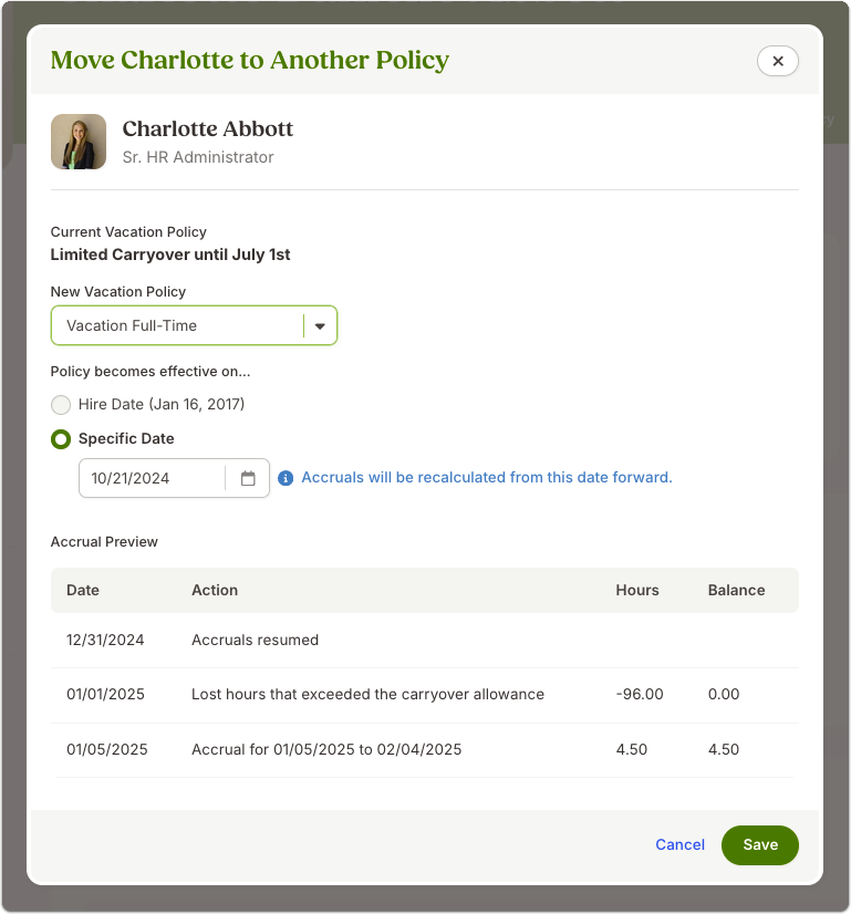 Move Employee to Another Policy modal. Sections: current vacation policy, dropdown for new vacation policy, radio buttons for Hire Date or Specific Date (10/21/2024), and an Accrual Preview table showing resumed accruals, carryover loss, and future accruals. At the bottom, a green Save button is highlighted.