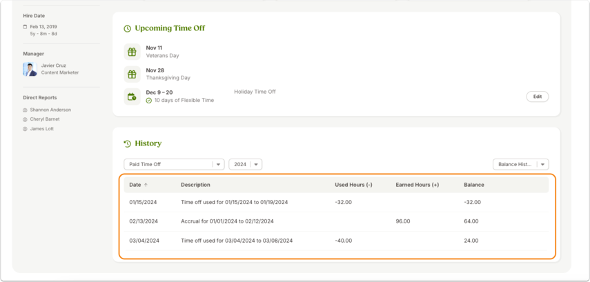 The Time Off tab shows the Time Off History tab. Screenshot showing a History table for Paid Time Off. Three rows list: used hours, earned hours, and balances for specific dates in 2024. Above the table is a dropdown filter for year (2024).