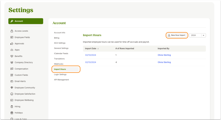 Screenshot of the Settings → Account → Import Hours page. An orange outline highlights the New Hour Import button at the top-right of the table, which lists prior imports with columns for File Name, Date, and Status.