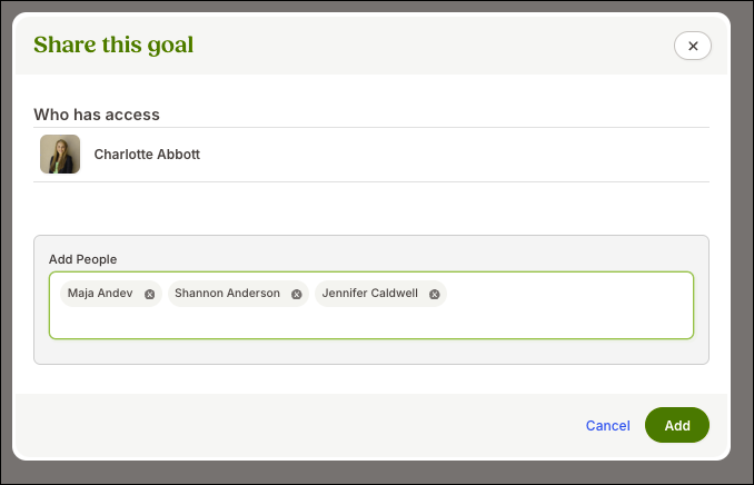 Screenshot of the Share this goal window in BambooHR. The current goal owner is shown under “Who has access.” A list of added coworkers (with profile images and names) appears in the Add People field. At the bottom, there are Cancel and Add buttons. The interface shows how an employee can share a goal with others who have access to BambooHR Goals.