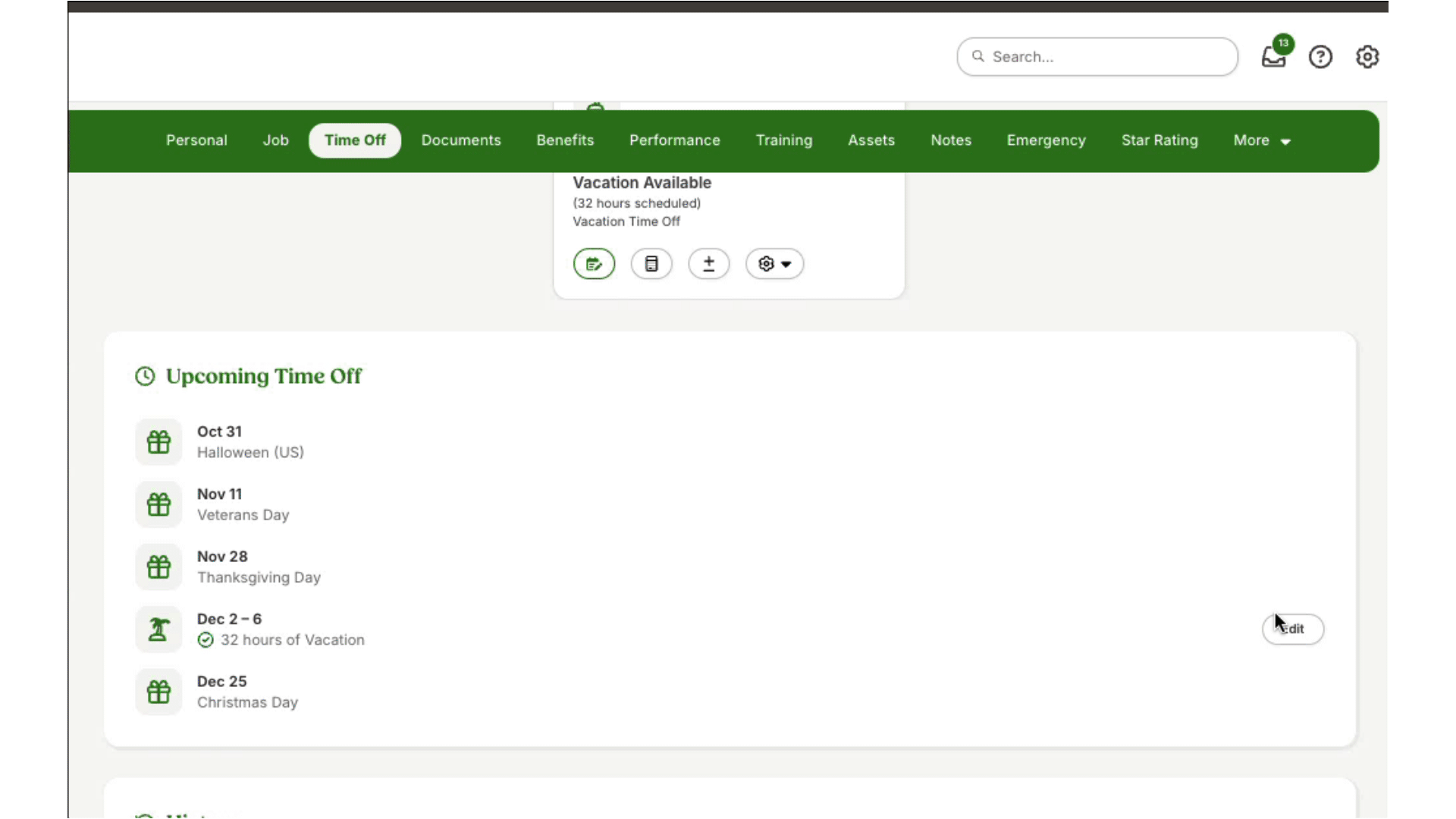 Animated GIF showing how an employee can edit or cancel a future time off request from the Upcoming Time Off section on the Time Off tab of their employee profile. The cursor hovers over a time off request in this section, and an Edit button appears. The cursor clicks Edit, updates the amount of hours, and adds a note, demonstrating the process of updating or canceling a scheduled time off request directly from the Upcoming Time Off section.