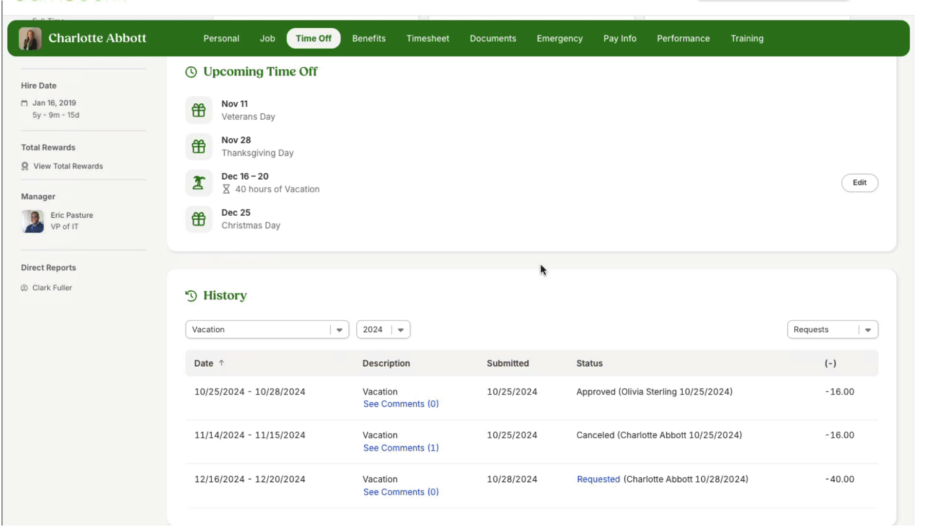 Animated GIF showing how an employee can update or cancel a time off request from the History table on the Time Off tab of their employee profile. The cursor selects a status link (blue hyperlink) for a specific time off request in the table. The request details open with editable fields for date, category, amount, and notes. The animation demonstrates how employees can either save changes or cancel the request entirely.