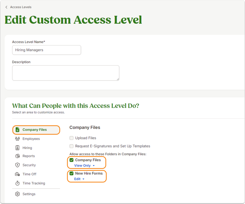 Edit Custom Access Level