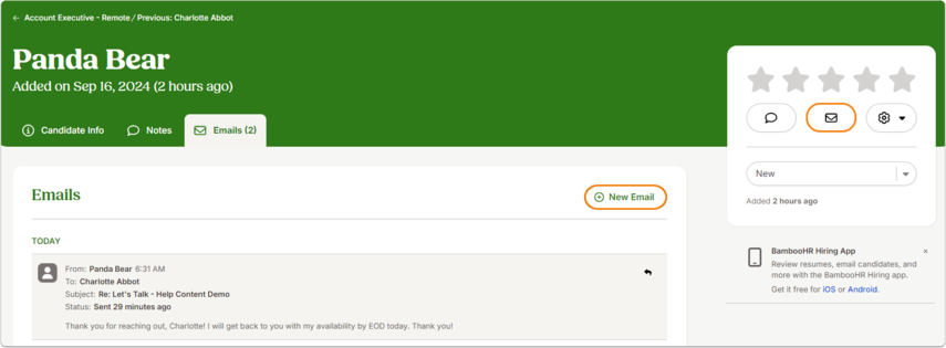 Screenshot of a candidate profile named [Employee Name]. The Emails tab is active, showing a previous email conversation. On the right side of the tab, a button labeled New Email is outlined in orange. The top panel includes navigation options such as Candidate Info, Notes, and Emails (2).