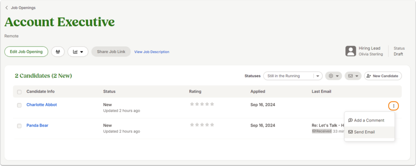 Screenshot of the Account Executive job opening with a table listing two candidates: [Employee Name] and [Employee Name]. Columns include Status, Rating, Applied, and Last Email. The candidate row menu is expanded on the right, showing options Add a Comment and Send Email. The option area is outlined in orange.