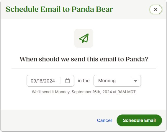 Pop-up labeled Schedule Email to [Employee Name]. A calendar date is selected, and a dropdown shows time-of-day options such as Morning, Afternoon, or Evening. Text confirms the scheduled delivery date and time. Buttons at the bottom: Cancel and green Schedule Email.