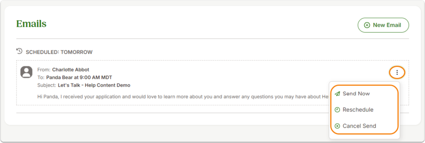 Screenshot of a scheduled email message from [Employee Name] to [Employee Name]. The email is listed with a delivery time of 9:00 AM MDT. A dropdown menu is expanded with three actions: Send Now (immediately deliver), Reschedule (change delivery time), and Cancel Send (stop delivery).