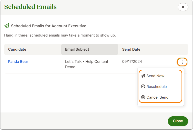 Screenshot of the Scheduled Emails for the job opening (Account Executive). A scheduled email to [Employee Name] is listed with a delivery date of 09/17/2024. An options menu next to the email provides three actions: Send Now (deliver immediately), Reschedule (change the delivery time), or Cancel Send (stop the email from being sent). This panel allows recruiters to directly monitor and adjust outgoing candidate communication.