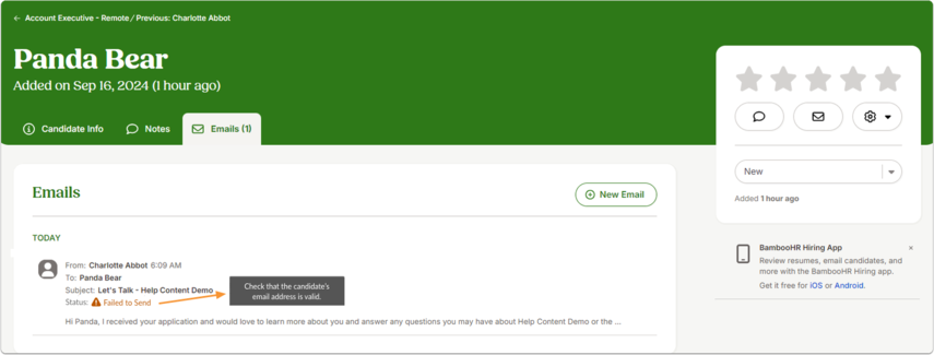 Screenshot of the Emails tab in a candidate profile. The tab lists sent emails along with delivery statuses, such as On its way, Delivered, Opened, or Failed to Send. This allows recruiters to quickly track whether candidate communications have been successfully sent and viewed.