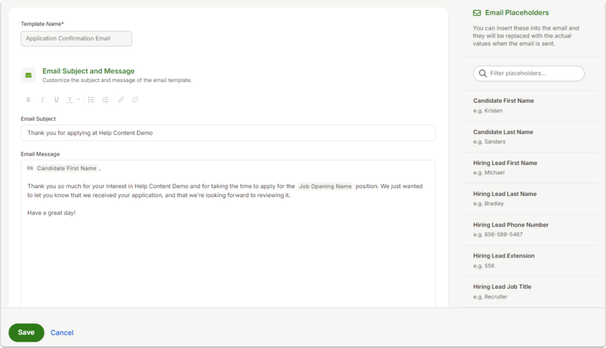 Screenshot of the Application Confirmation Email editor in BambooHR. The screen demonstrates how users can edit the subject line, body text, and insert placeholders for candidate or hiring lead details. Save and Cancel buttons appear at the bottom, emphasizing template editing functionality.