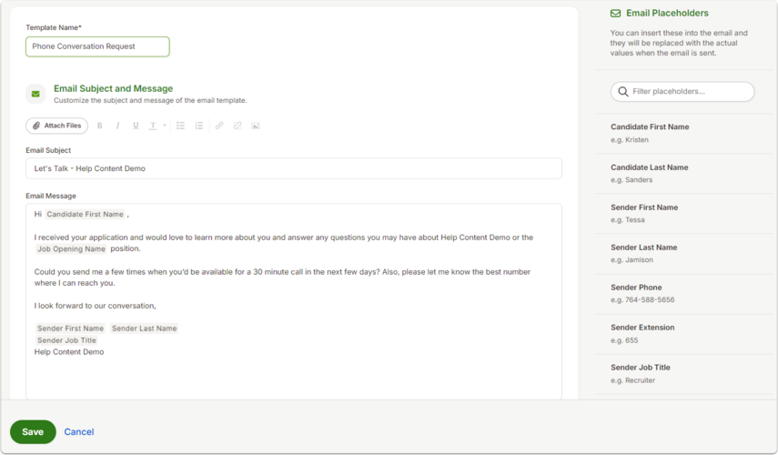 Screenshot of the Phone Conversation Request email template editor. The subject and body can be edited, and placeholders for candidate and sender information can be inserted.