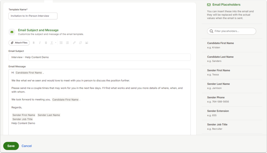 Screenshot of the Invitation to In-Person Interview template editor. The subject line and body can be customized to invite a candidate, with placeholders available for candidate and sender details.
