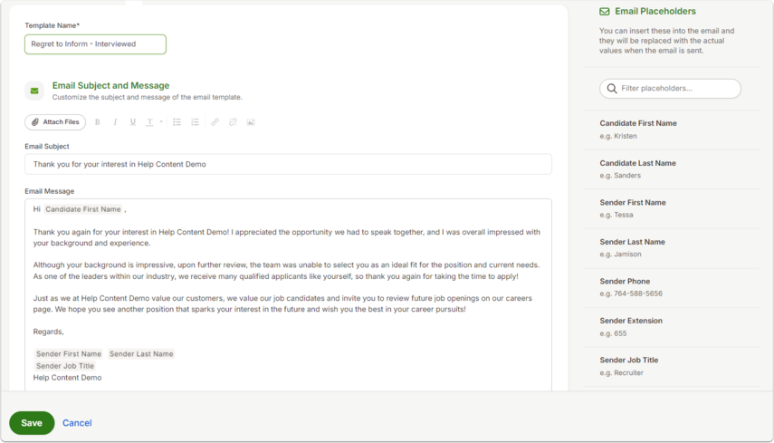 Screenshot of the Regret to Inform – Interviewed template editor. The subject and body text acknowledge the interview before delivering a rejection. Placeholders allow candidate and sender details to be inserted.