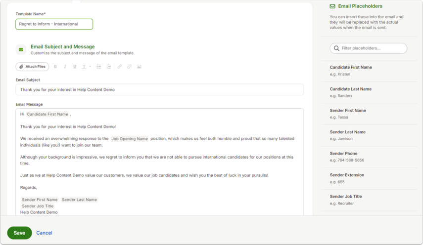 Screenshot of the Regret to Inform – International template editor. The subject and body explain that international candidates cannot be considered. Placeholders for candidate and sender details are available.