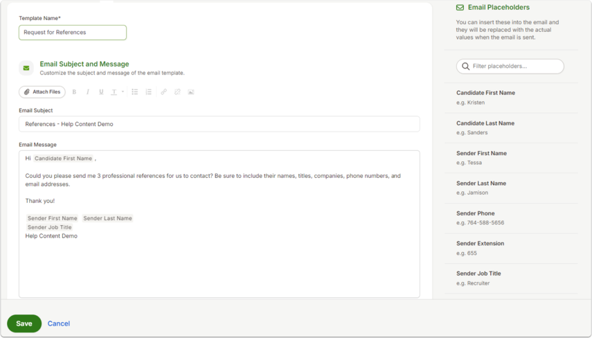 Screenshot of the Request for References template editor. The subject and body ask the candidate to provide reference details, with placeholders for candidate and sender information.
