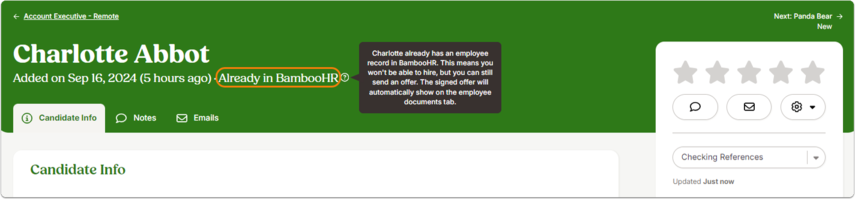 Screenshot of a candidate profile in Hiring with a wide banner near the top reading Already in BambooHR, including a link to view the existing employee record. The banner draws attention to use the rehire path instead of creating a duplicate.