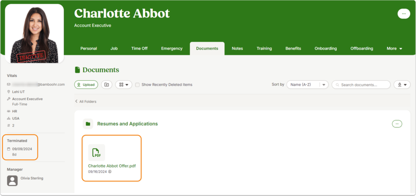 Employee profile for [Employee Name] with the Documents tab open. Under Resumes and Applications, a PDF is visible. Left sidebar shows employee details and a Terminated status.