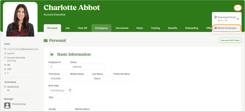 Employee profile header with Request a Change at right and an overflow … menu opened. The dropdown contains Rehire Employee, which is highlighted to indicate where to begin the rehire.