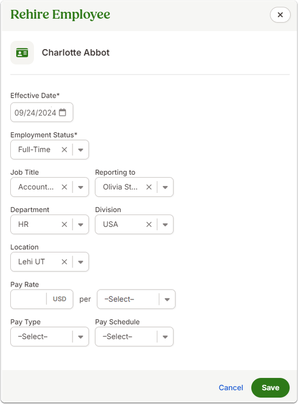 Modal titled Rehire with fields including Start Date (date picker) and core job details (e.g., Employment Status, Department, Location), plus Save. After saving, the Job tab displays an employment timeline/banner indicating the employee will become Active on the selected future start date.