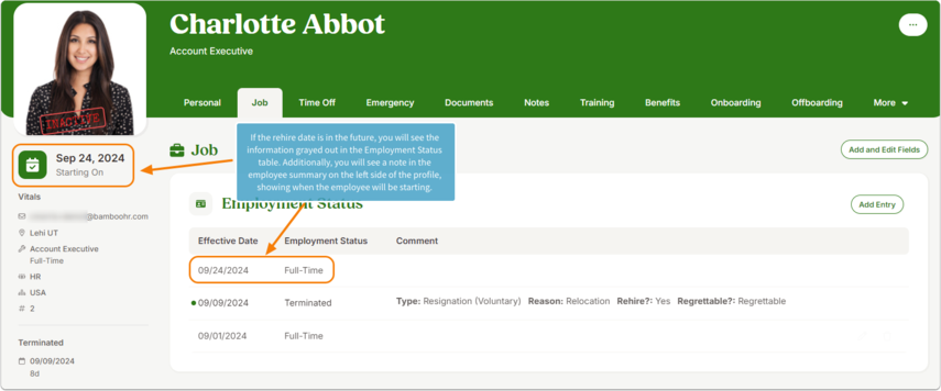 Employee profile with the Job tab open. A banner shows Starting On [mm/dd/yyyy]. Employment Status section lists: [mm/dd/yyyy] – Full-Time highlighted, [mm/dd/yyyy] – Terminated, [mm/dd/yyyy] – Full-Time