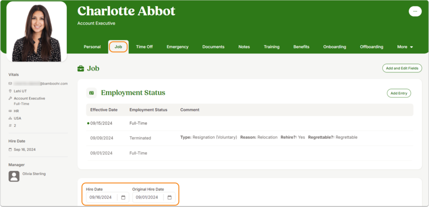 Employee profile  with Job tab open. Employment Status table lists: Full-Time active with a green dot. Terminated (Resignation),  Full-Time. Below, fields show Hire Date and Original Hire Date highlighted.
