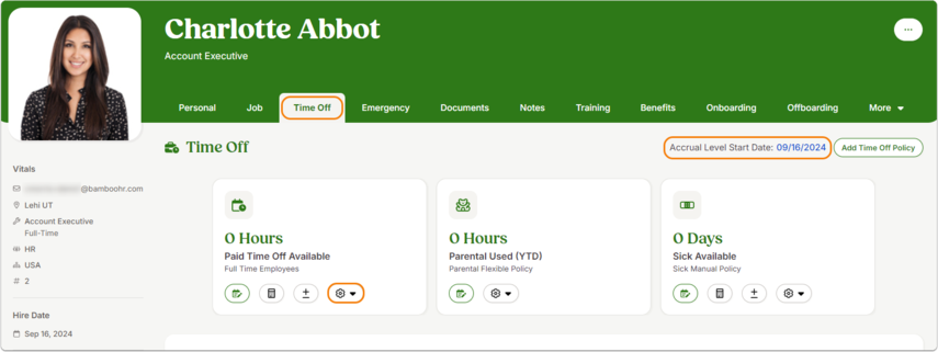 Employee profile with the Time Off tab open. Cards show Time Off policies assigned. In the first time off card, the gear dropdown menu is highlighted. Top-right label highlighted: Accrual Level Start Date.