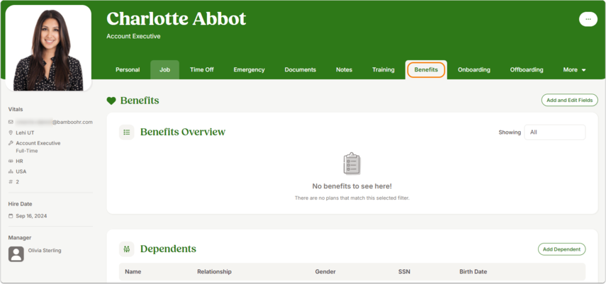 Employee profile with the Benefits tab open an highlighted.