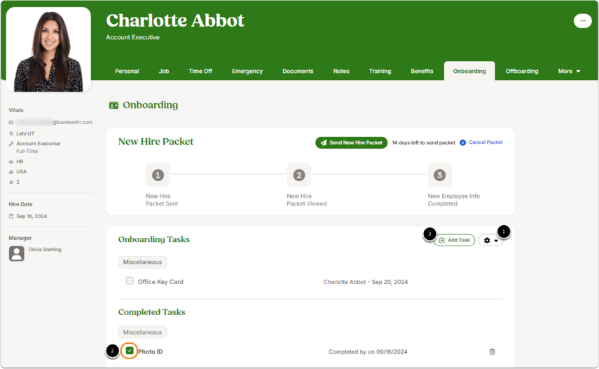 Employee profile for Charlo with Onboarding tab open. Section labeled New Hire Packet shows steps: Packet Sent, Packet Viewed, Employee Info Completed. Below, onboarding tasks include: 1. Gear dropdown menu to delete previou tasks; 2. Completed task checked; 3. Add Task Button to add a new task..