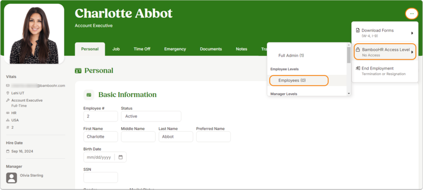 Employee profile with the Personal tab open. In the action menu, the option BambooHR Access Level → Employees (0) is selected.