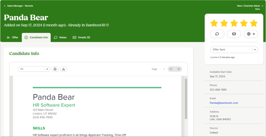 Screenshot of candidate profile. Tabs include Offer, Candidate Info, Notes, and Emails. The Candidate Info tab is open, showing name, title “HR Software Expert,” address, phone number, email, and skills. On the right, a rating widget shows five gold stars and buttons for email, phone, and notes. Offer status indicates Offer Sent.
