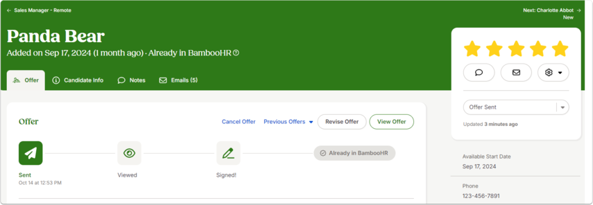 Screenshot of the Offer tab within a candidate profile. Steps are displayed as icons: Sent, Viewed, and Signed, each checked off. Buttons allow canceling, revising, or viewing the offer. Sidebar shows contact details, available start date, and a status label “Offer Sent.”