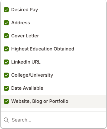 Screenshot of a dropdown menu with checkboxes for application data. The intent is to show what types of candidate information can be shared with collaborators. Options checked include: Desired Pay, Address, Cover Letter, Highest Education Obtained, LinkedIn URL, College/University, Date Available, and Website, Blog or Portfolio.