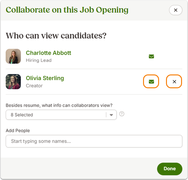 Screenshot of the Collaborate on this Job Opening dialog box. The intent is to show how to remove the job creator from the collaborator list. Two people are listed: Charlotte Abbott, Hiring Lead, and Olivia Sterling, Creator. Next to the creator’s name are an orange envelope icon and an orange X button, with the cursor hovering over the X to demonstrate how to remove them.