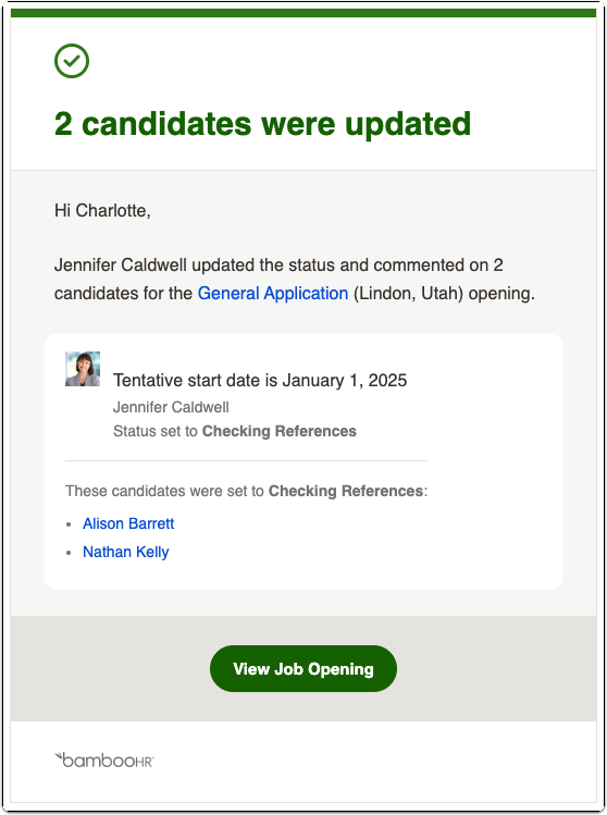 Email notification example that collaborators receive when multiple candidates’ statuses are updated at once. The message lists the updated candidates, includes the new status, and has a green View Job Opening button.