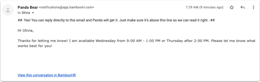 Email notification example that a recruiter receives when a candidate replies to an email. The message contains the candidate’s response text and a link to View this conversation in BambooHR.