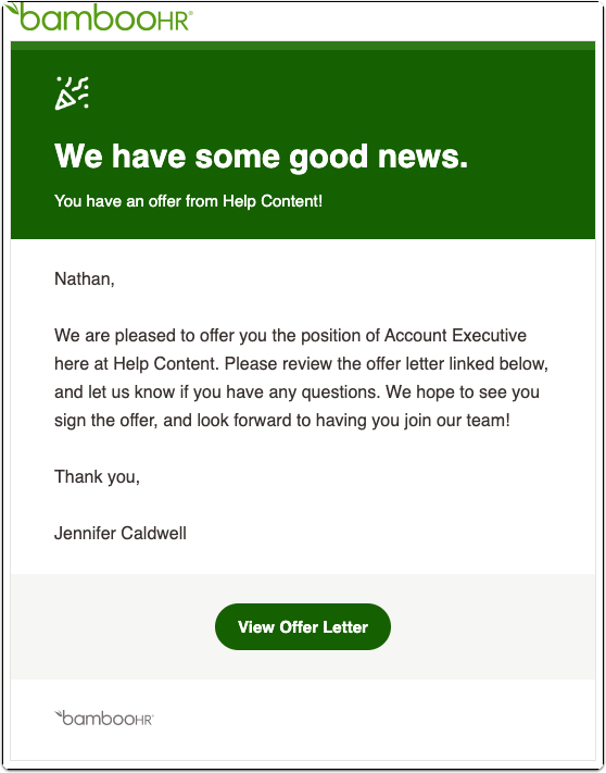 Email notification example sent to a candidate when an offer letter is shared. The message includes congratulatory text, position details, and a green View Offer Letter button.