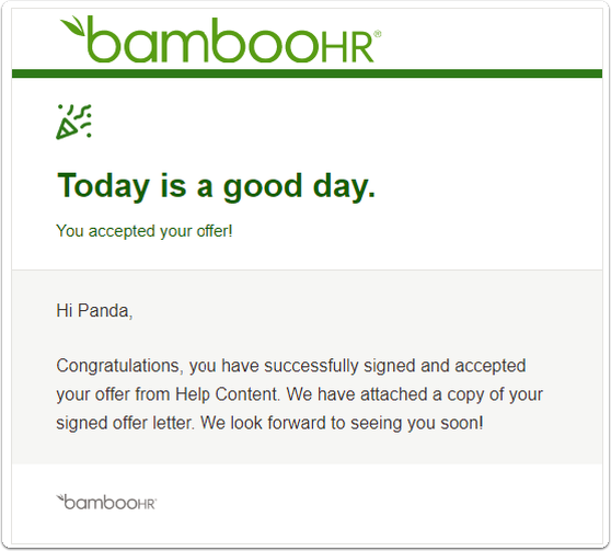 Email notification example that a candidate receives after signing and accepting an offer letter. The message congratulates them, confirms acceptance, and notes that a signed copy of the offer letter is attached.
