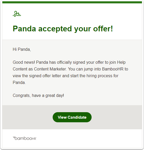 Email notification example that a recruiter receives after a candidate accepts an offer. The message confirms the signed offer and provides a green View Candidate button to continue the hiring process.