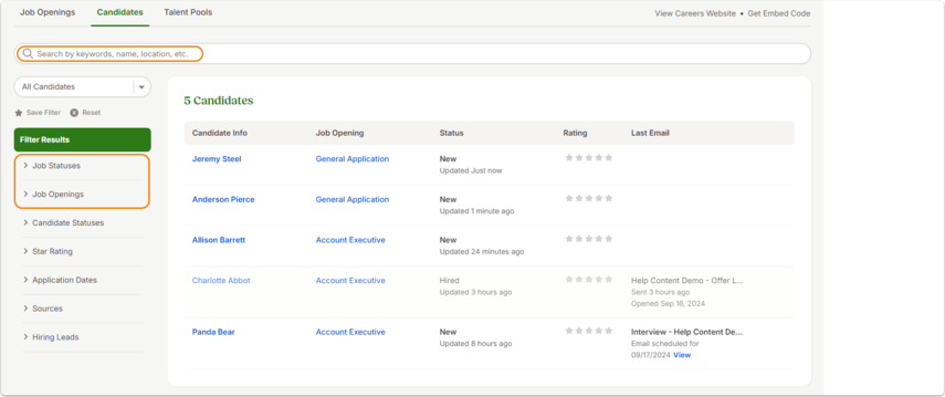 Screenshot of the Candidates page. The search bar at the top contains the keyword field. The table below lists candidates, with matching text highlighted in orange. Filter options are visible in the left panel: Job Statuses, Job Openings, Candidate Statuses, Star Rating, Application Dates, Sources, Hiring Leads.