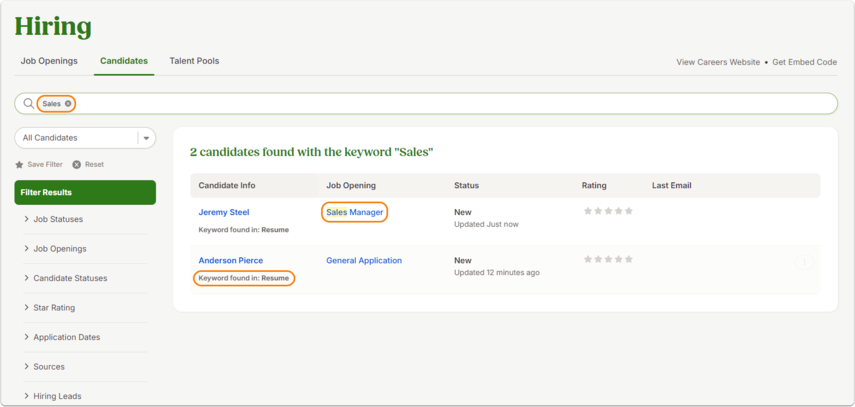 Screenshot of the Candidates page showing results for the keyword Sales. Two candidates appear: Jeremy Steel with job opening Sales Manager, and Anderson Pierce with the phrase “Keyword found in Resume.” The matched keyword is highlighted in orange.