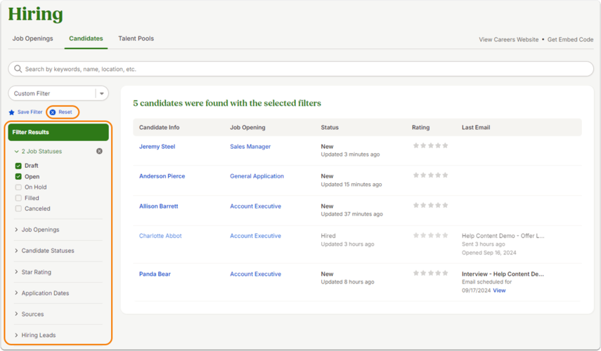 Screenshot of the Candidates page with the filter panel expanded on the left. Options include checkboxes for Job Statuses (Draft, Open, On Hold, Filled, Canceled), along with expandable sections for Job Openings, Candidate Statuses, Star Rating, Application Dates, Sources, Job Locations, and Hiring Leads. The results table shows five candidates with job openings and statuses.