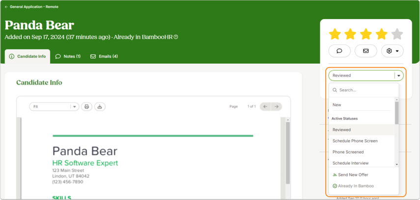 Screenshot of Candidate profile page showing how to change a candidate’s status within their profile using a dropdown menu.