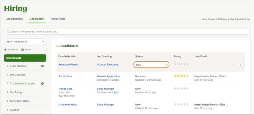 Screenshot of Hiring > Candidates tab illustrating how to quickly update candidate statuses from a list view.