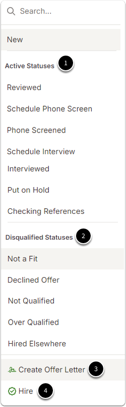 Screenshot of Candidate status dropdown menu organized into four numbered sections:  Active statuses for tracking candidates through the hiring process.  Disqualified statuses for removing candidates from consideration.  Option to create or send an offer letter.  Option to mark a candidate as hired.