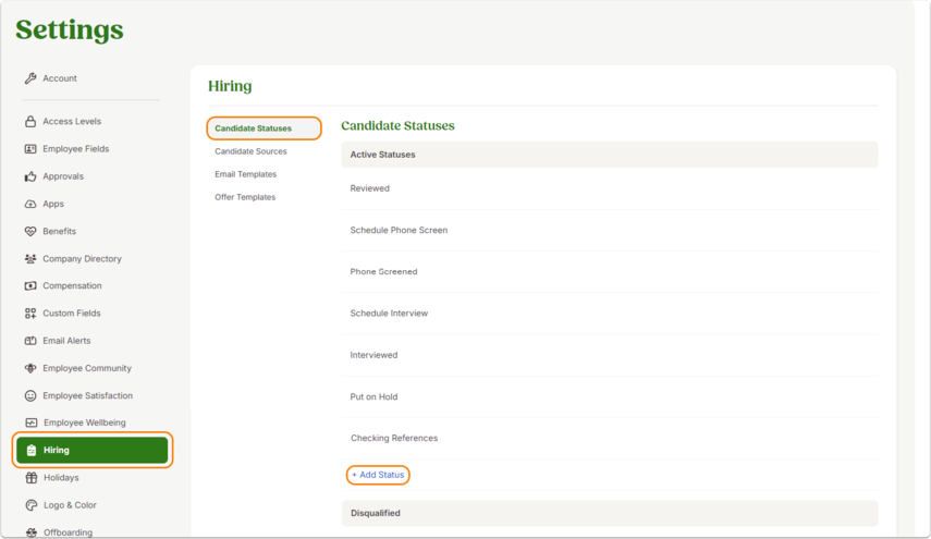 Screenshot showing how to add a custom status by selecting the “Add Status” option on the Candidate Statuses tab in Settings > Hiring.