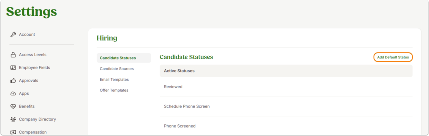 Screenshot of the Candidate Statuses tab in Settings > Hiring showing where to access the option to restore default statuses.