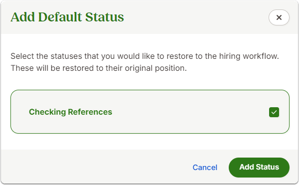 Screenshot of a modal window for restoring default statuses, showing a selectable list of statuses to confirm or cancel.